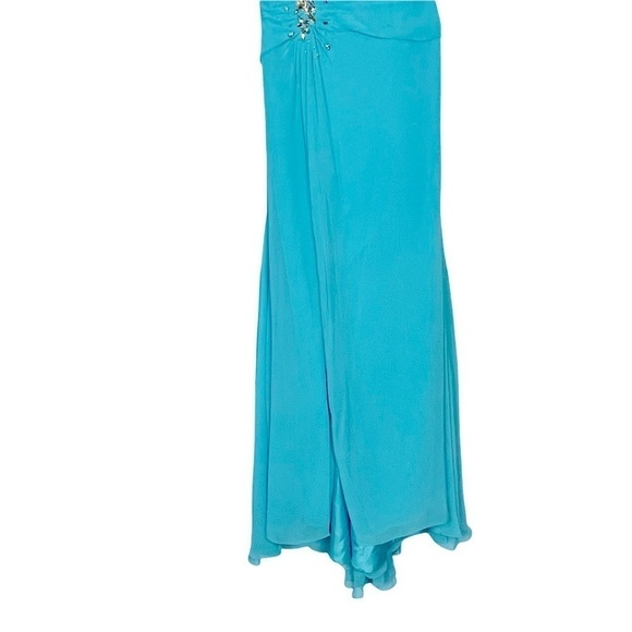 TONY BOWLS BEADED ONE SHOULDER HIGH SLIT CASCADE TRAIN PROM PAGEANT FORMAL GOWN - Picture 5 of 16